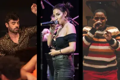 3 Images. One of a man, and two of a woman singing.