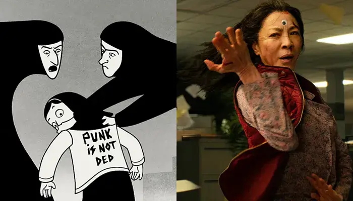 Side by side film stills - left side shows a graphic of two nuns holding a small person wearing a shirt that says "Punk is not ded" and the right side shows an Asian woman with her hands in a fighting stance