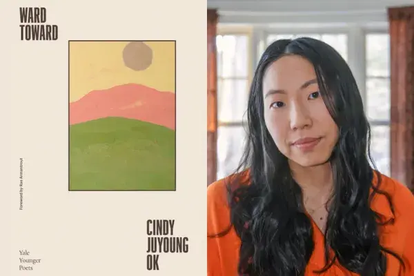 A book cover of "Ward Toward" next to a head shot of Cindy Juyoung Ok