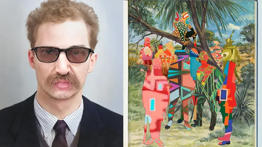 Two side by side artwork images. Left side is a man with sunglasses and a bushy mustache and the right side is silhouettes of people filled in with bright colors and patterns standing near jungle trees