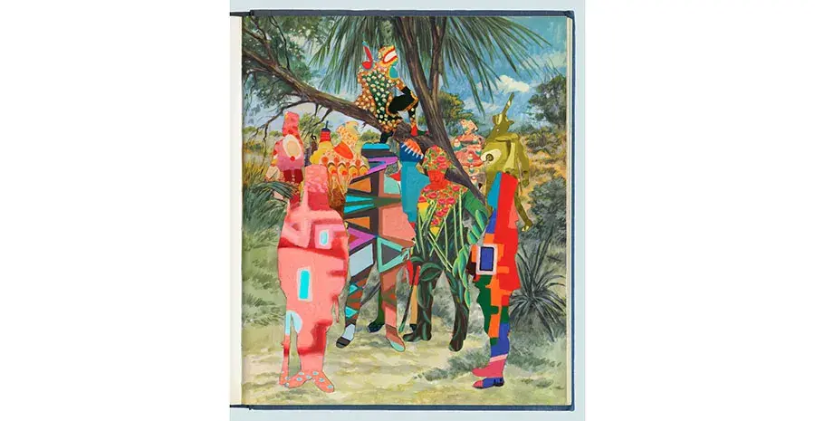 Artwork of silhouettes of people filled in with bright colors and patterns standing near jungle trees