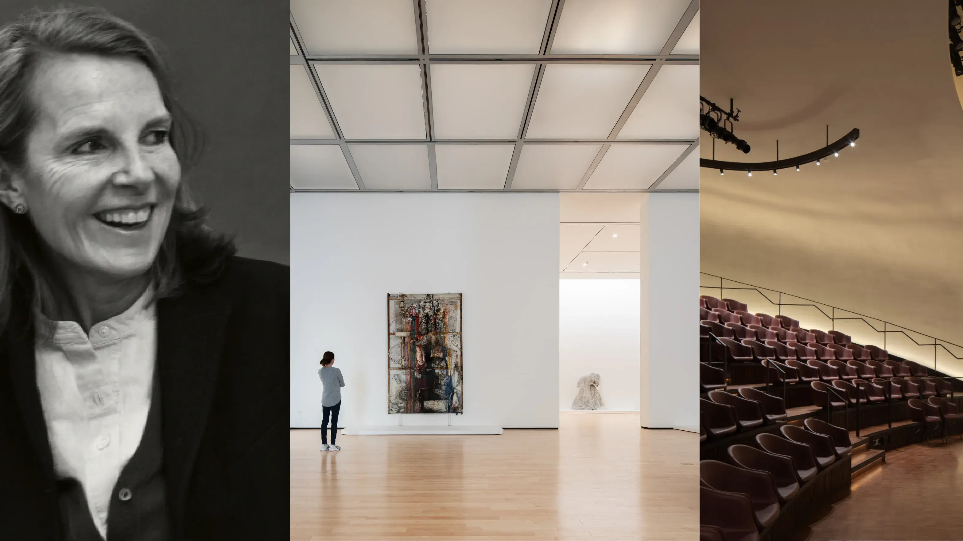 Three side by side images: headshot of Annabelle Selldorf, a gallery interior, and an auditorium interior