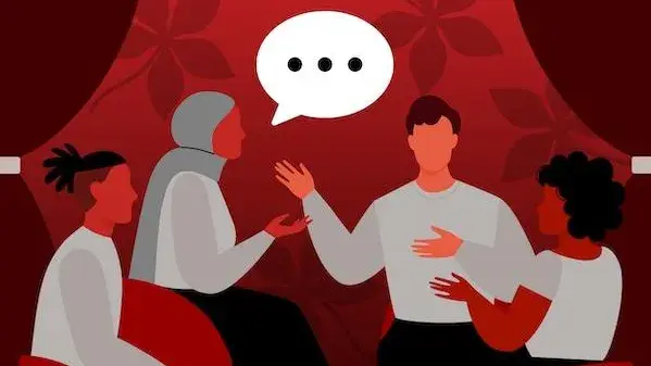 Graphic image of people talking to each other with a speech bubble with three dots in it above one person's head