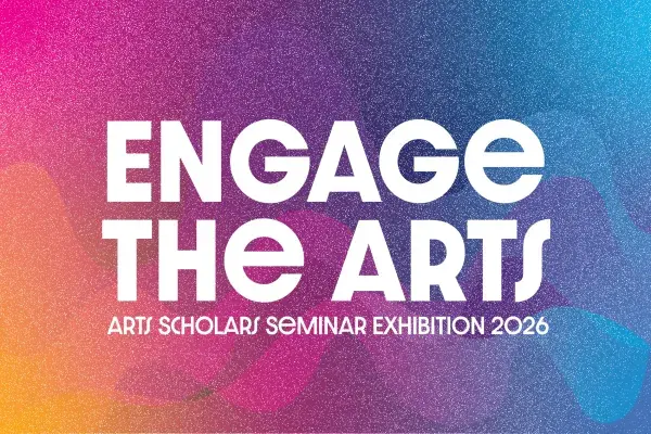 Multicolored background with the words "Engage the Arts" overtop in white