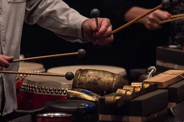 Percussionist holding sticks above a percussion instrument.