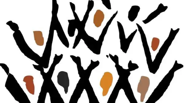 stylized drawing of people holding their arms in the air with various colors for the heads