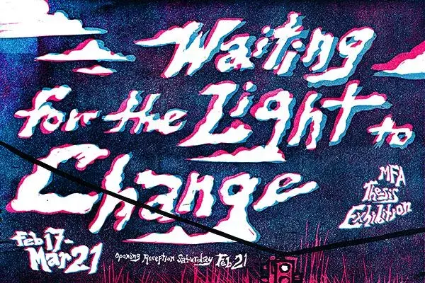 Dark image with white wording in a cloud-like font that reads "Waiting for the Light to Change"