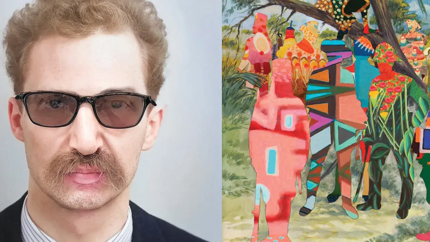 A headshot of Walid Raad next to a photo of his work, which features colorful silhouettes of people amid greenery.