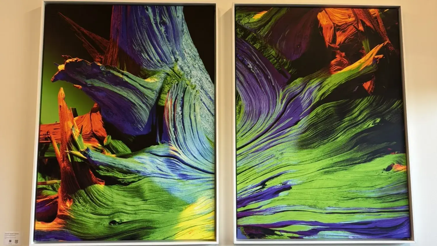 Two brightly colored artworks on a wall
