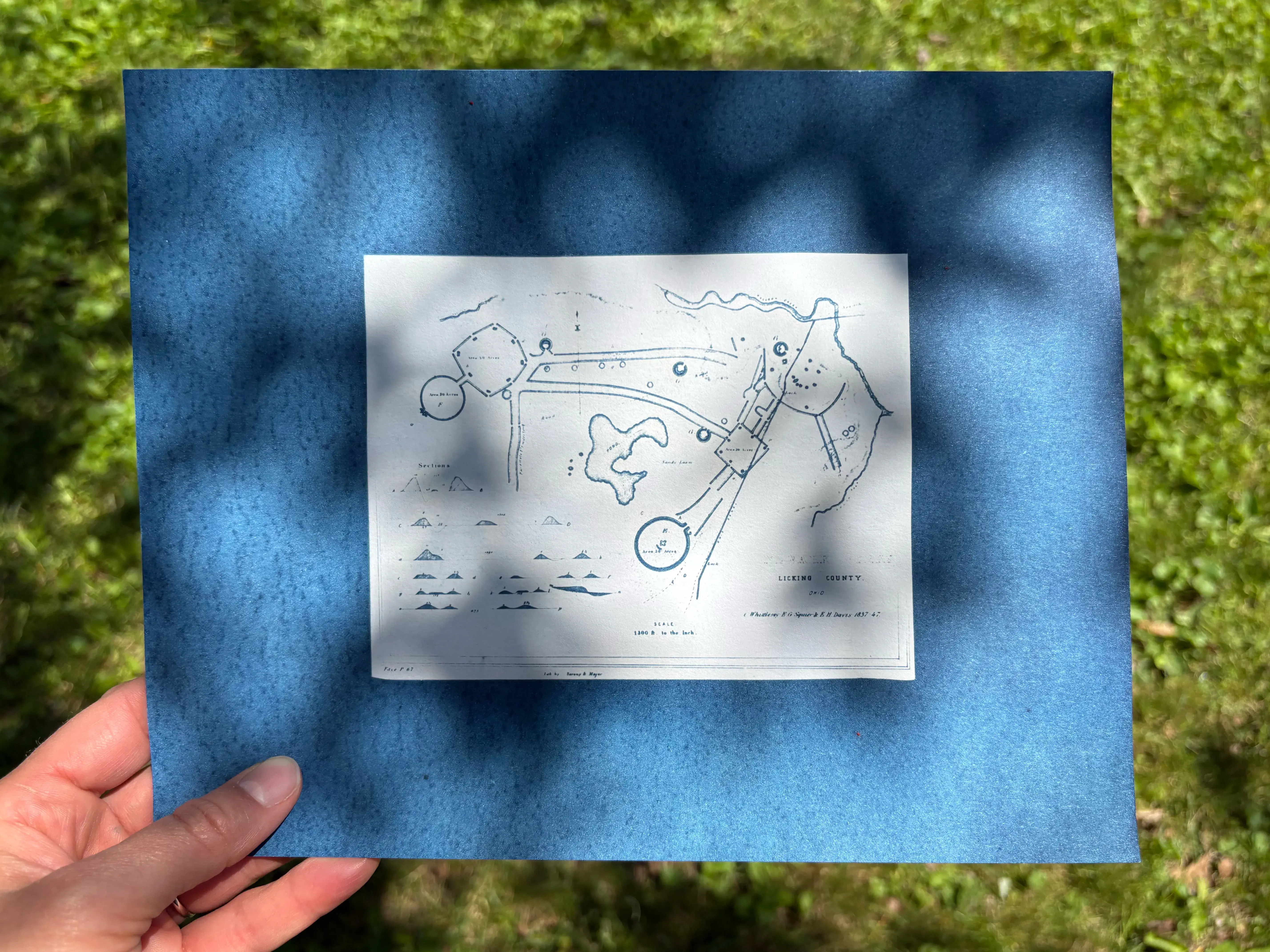 A hand holds a blue on white cyanotype mounted on a blue background