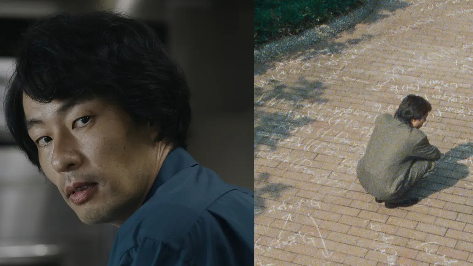 Left: a man looks over his shoulder. Right: a man kneels down on a brick path covered in chalk writing.