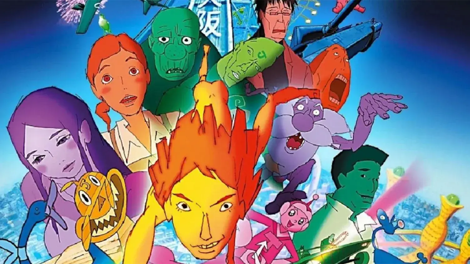 A group of colorful, animated characters with varied expressions crowd together against a cityscape and blue sky background.