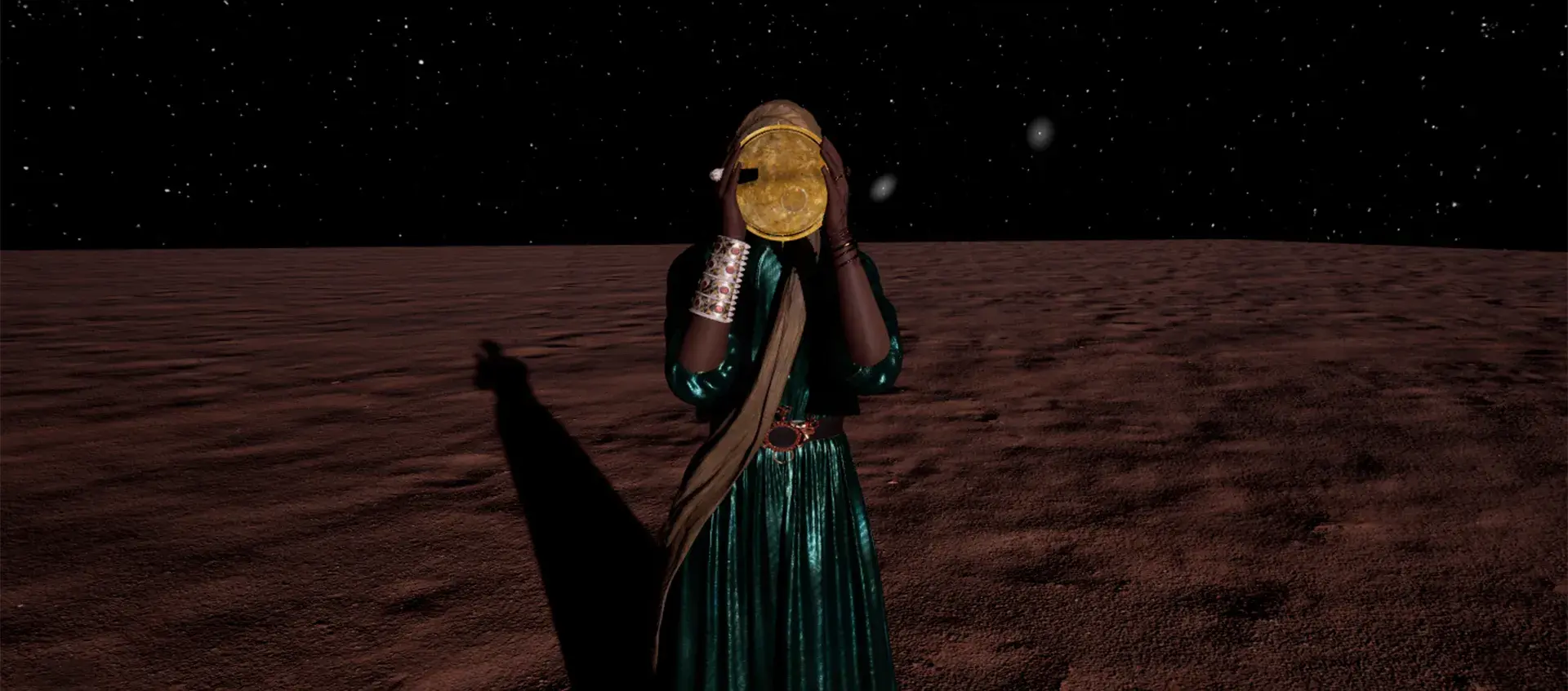 Image of a person in a flat landscape. They have brown skin, wear a metallic dress and cuff, and hold a gold disk over their face.