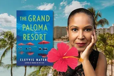 Image of "The Grand Paloma Resort" book cover and a headshot of Cleyvis Natera, with a beach in the backgroun