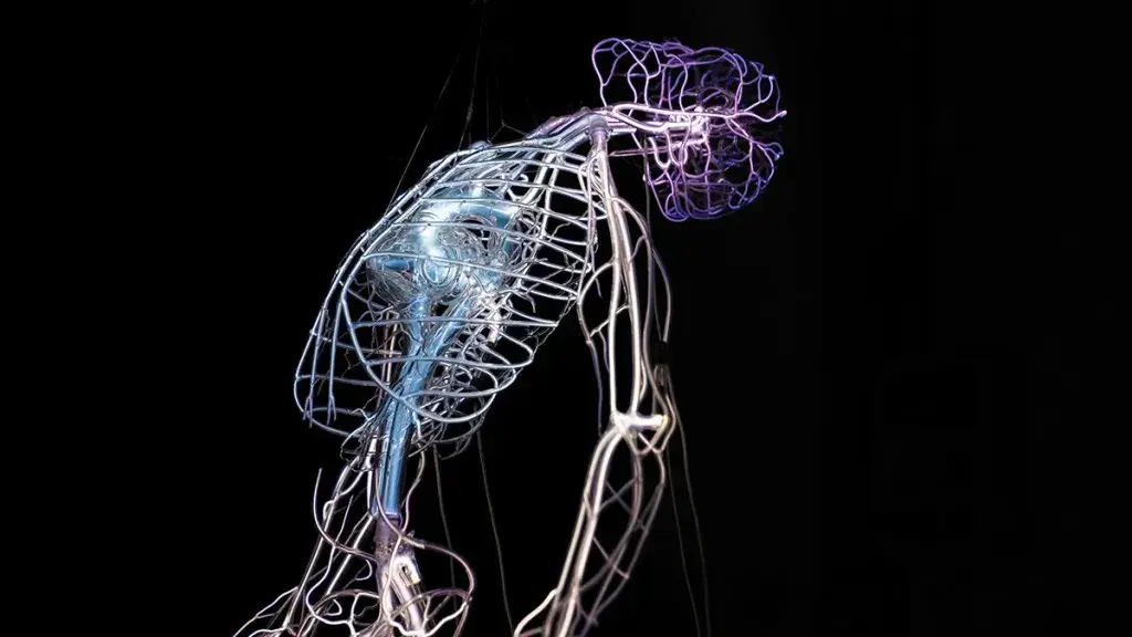 A sculpture of a skeleton made with tubes of neon