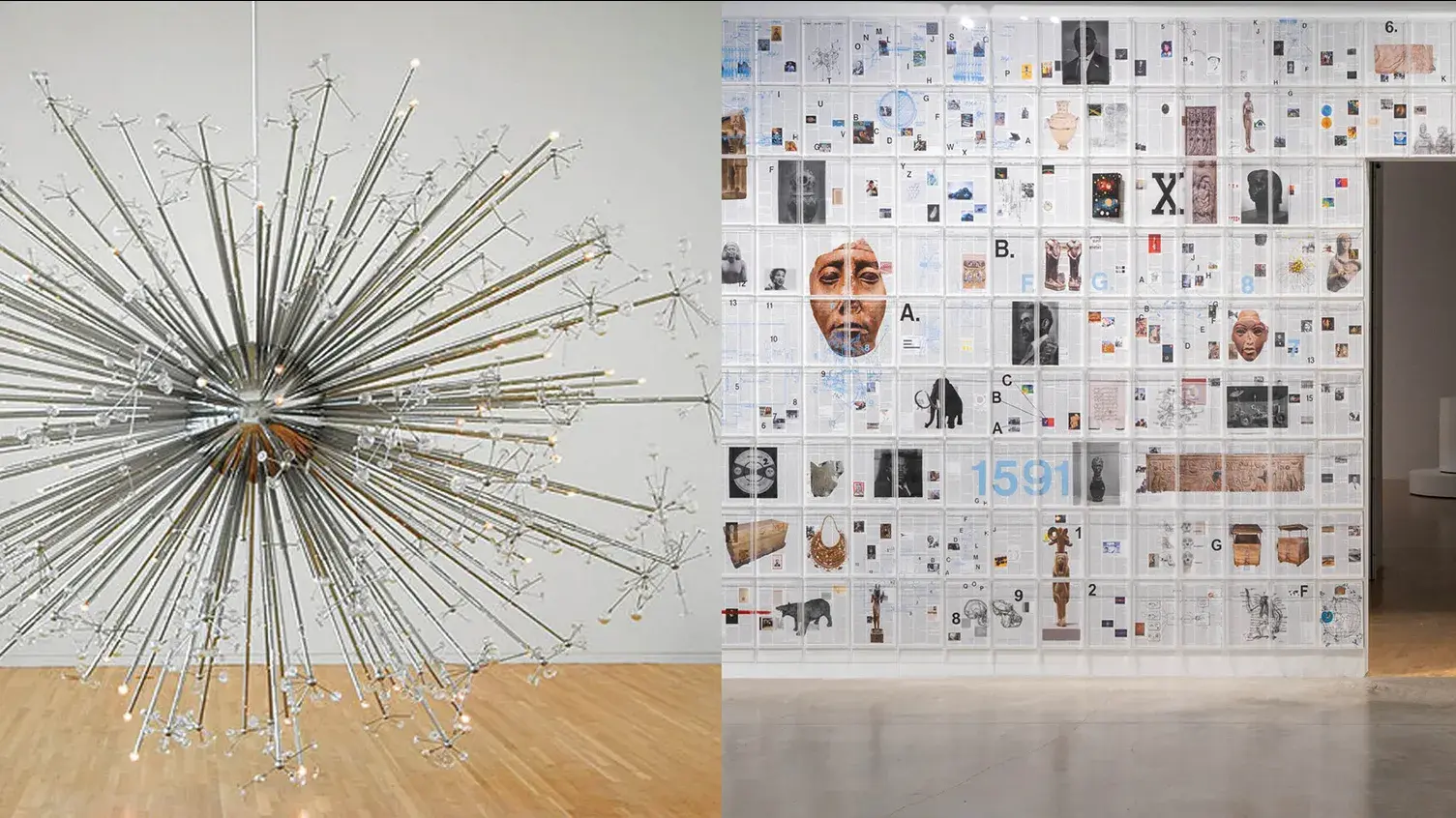 Large round metal and glass sculpture on one side and a room with many images on the wall on the other