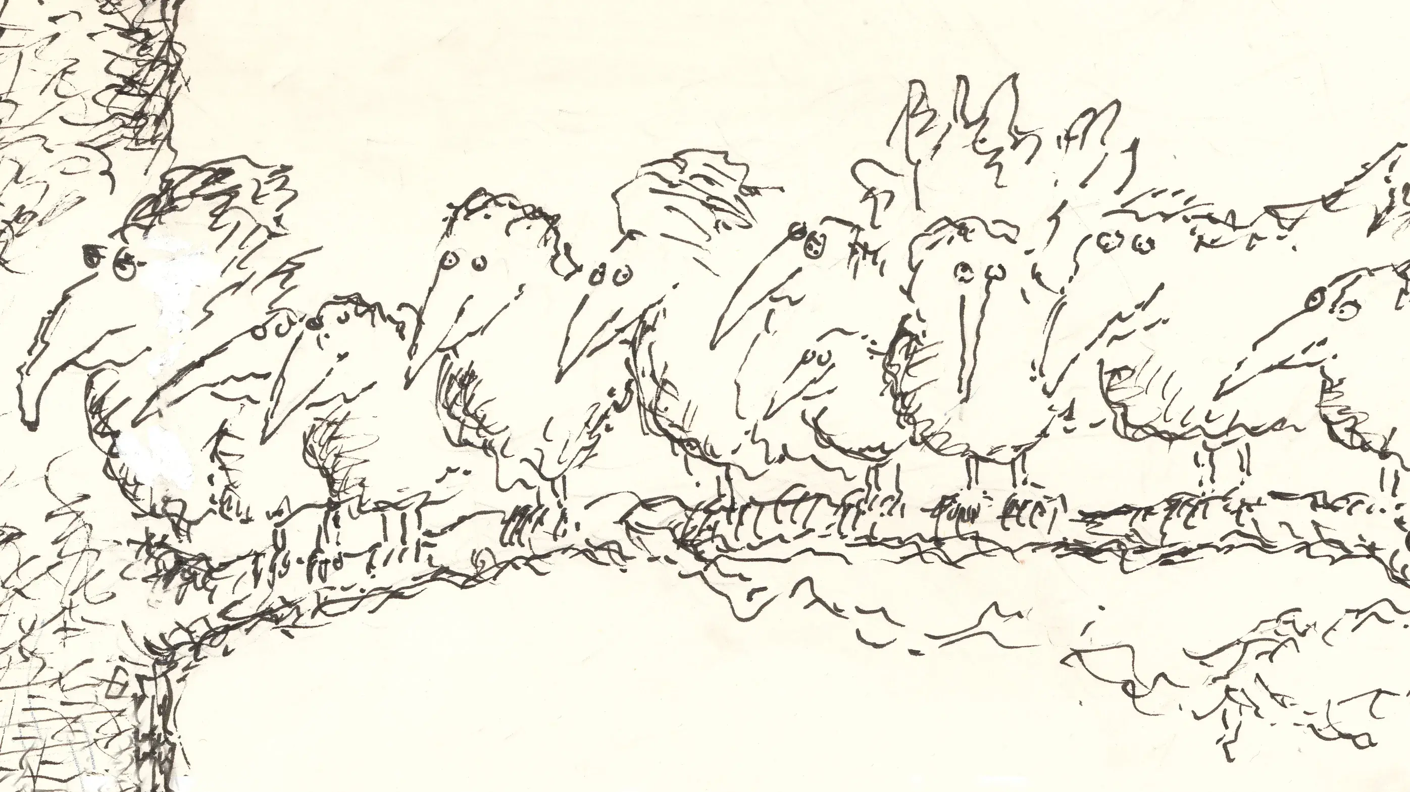 Black and white cartoon sketch of multiple birds on a branch