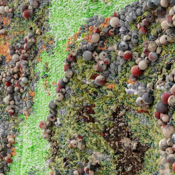 Close-up detail of artwork made of fibers and beads