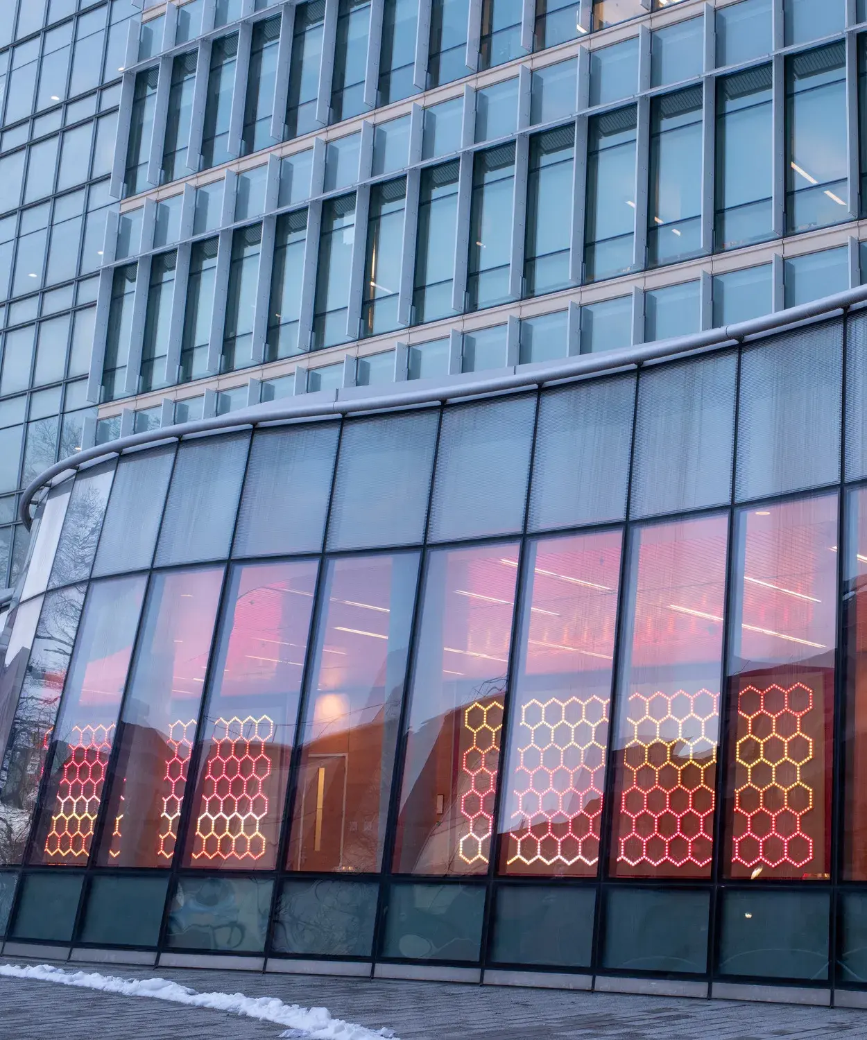 View from outside a curved glass wall into a lobby space with three walls of a light installation consisting of small bulbs in a honeycomb pattern. The lights have different patterns of warm colors and reflect onto the ceiling.