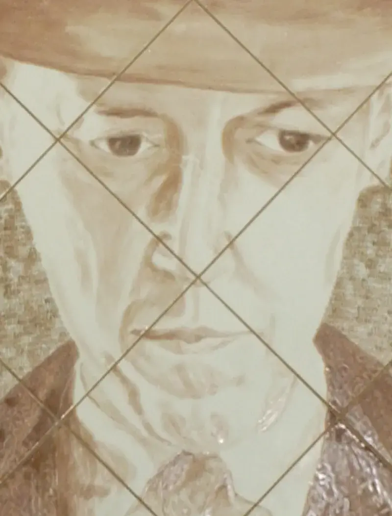 Diamond-shaped artwork made of a grid of tiles shows a historical man&#039;s head and shoulders in sepia tones.