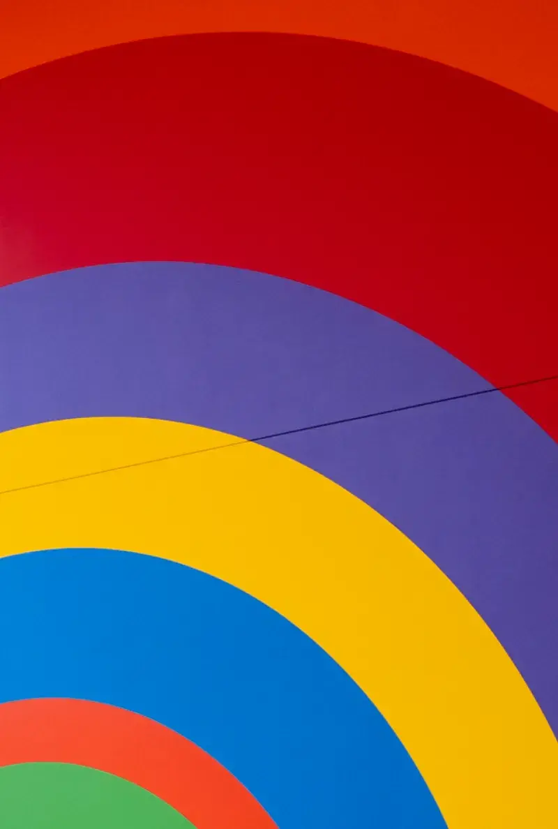 Close up of a wall painting. The painting is made of concentric circles of vibrant colors.